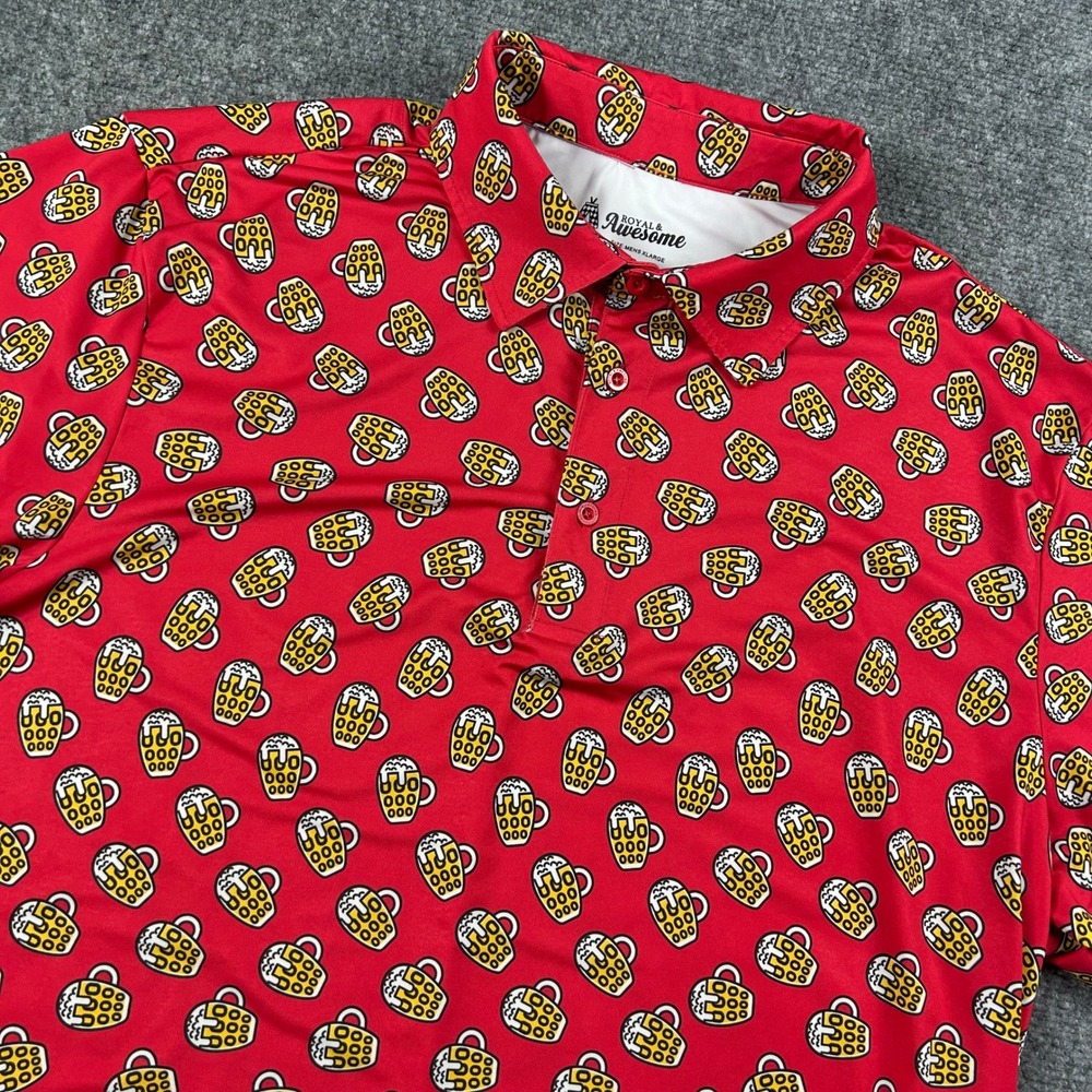 Royal & Awesome Polo Shirt Mens XL Red Beer Mug‎ Print Golf Performance Novelty